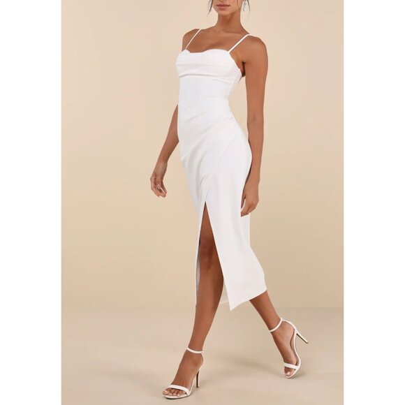 Lulus Always Turning Heads White Bustier Tulip Midi Dress Sz Medium Womens White - Picture 6 of 16